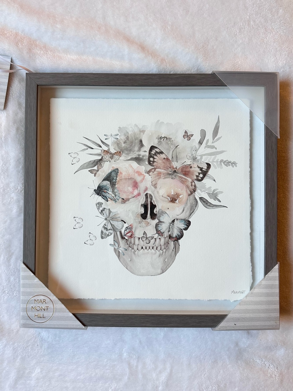 New MARMONT HILL 12” x 12” Skull & Butterfly Pastel Framed Wall Art Raw Hem Gray